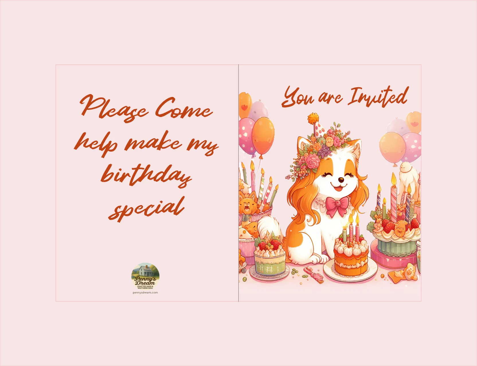 Birthday invitation card with a cute dog illustration and festive elements on a light pink background.