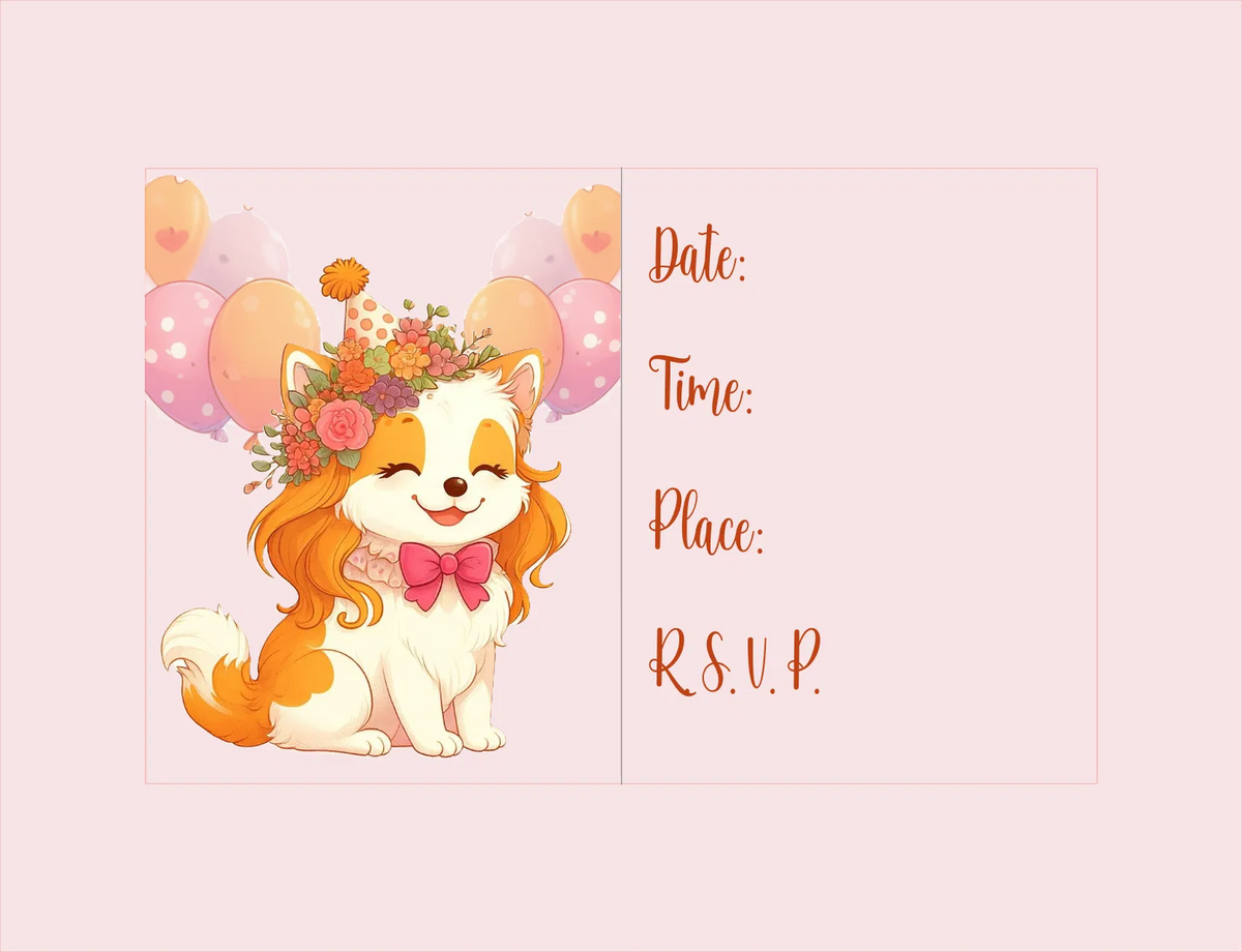 Invitation card with a cartoon dog wearing a bow tie on a pink background