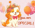 Cartoon dog with a flower crown and balloons with 'You are Special!' text on a light pink background