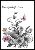 Coloring book page with floral design and butterflies titled 'Peaceful Reflections'.