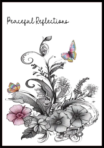 Coloring book page with floral design and butterflies titled 'Peaceful Reflections'.