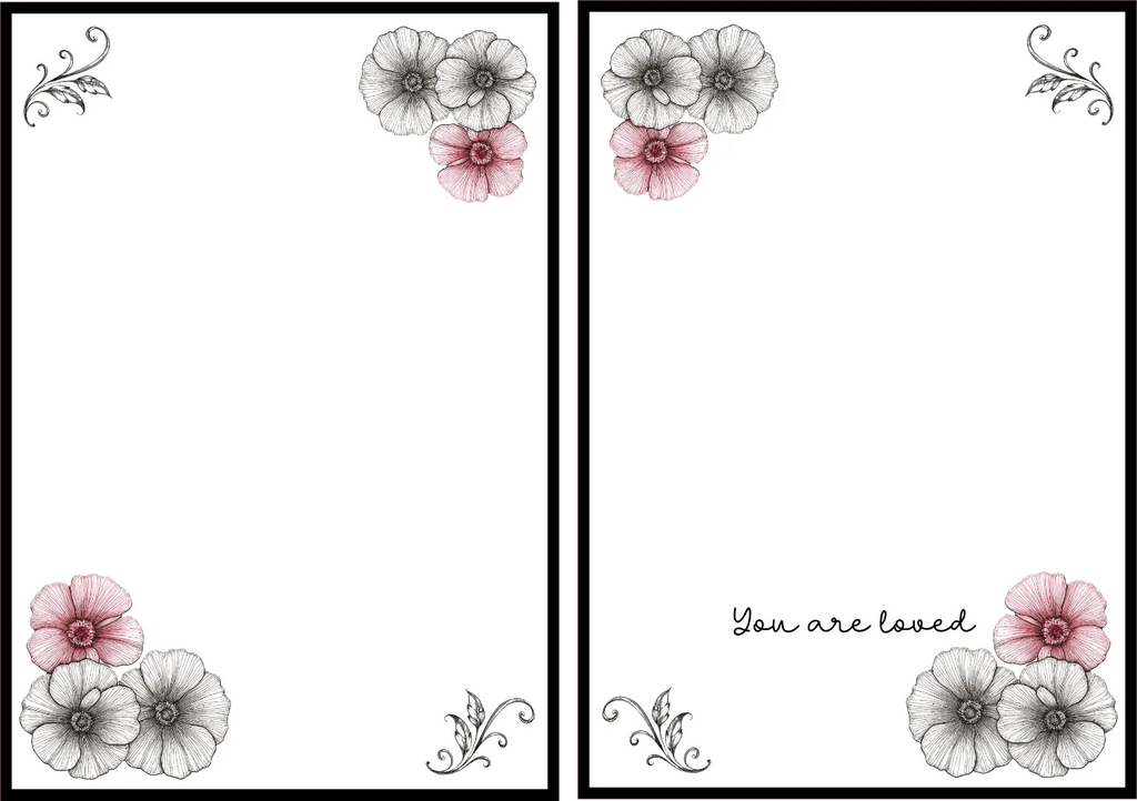 Two floral cards with decorative elements and text on a white background