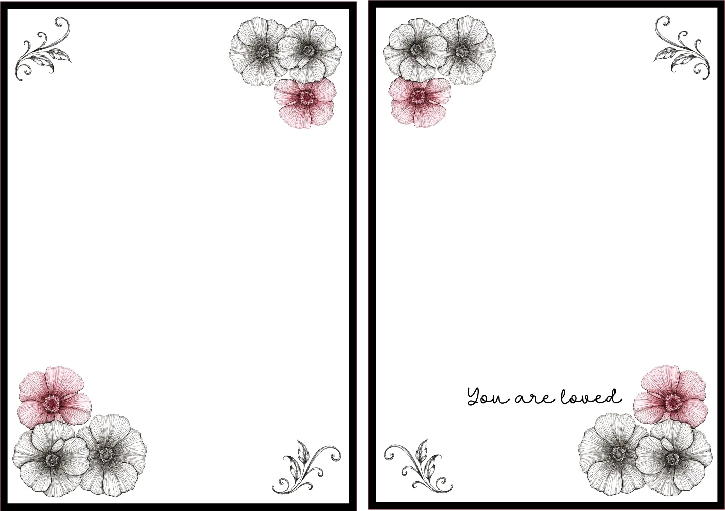 Two floral cards with decorative elements and text on a white background