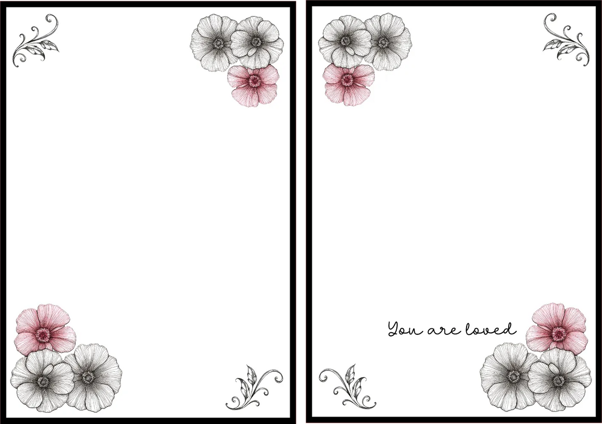 Two floral cards with decorative elements and text on a white background