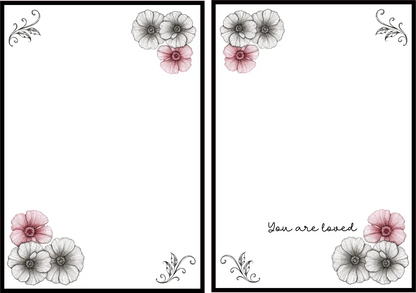 Two floral cards with decorative elements and text on a white background