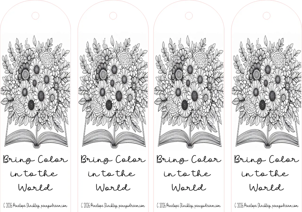 Four black and white floral designs on open books with text 'Bring Color in to the World' below each.