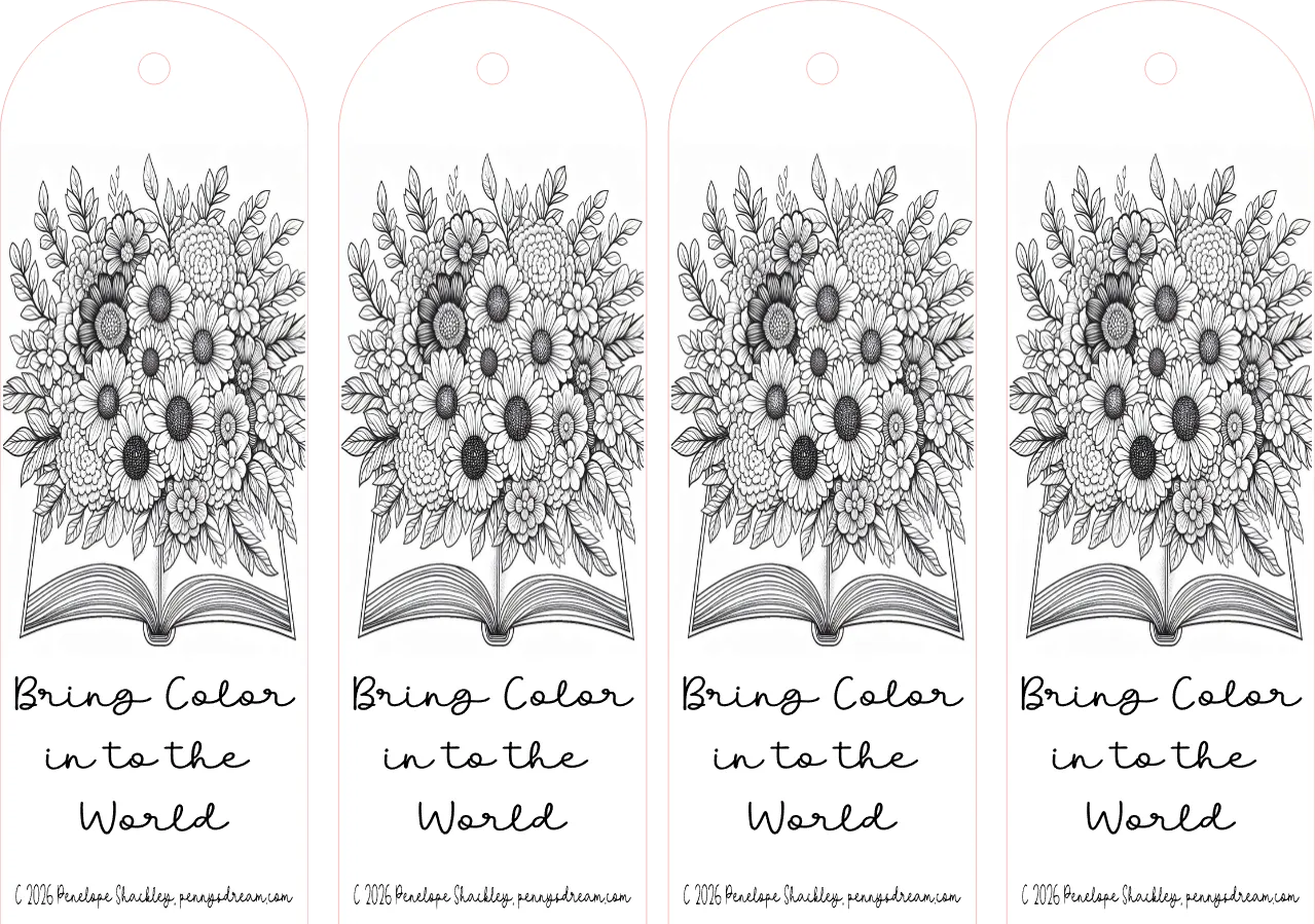 Four black and white floral designs on open books with text 'Bring Color in to the World' below each.