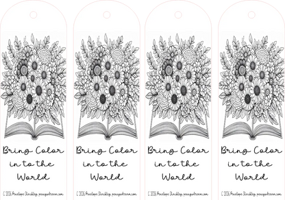 Four black and white floral designs on open books with text 'Bring Color in to the World' below each.