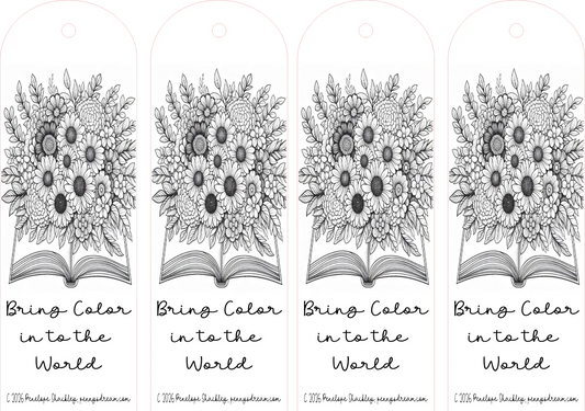 Four black and white floral designs on open books with text 'Bring Color in to the World' below each.