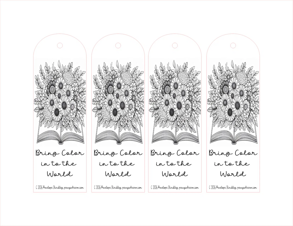 Four black and white floral bookmarks with 'Bring Color to the World' text on a white background.