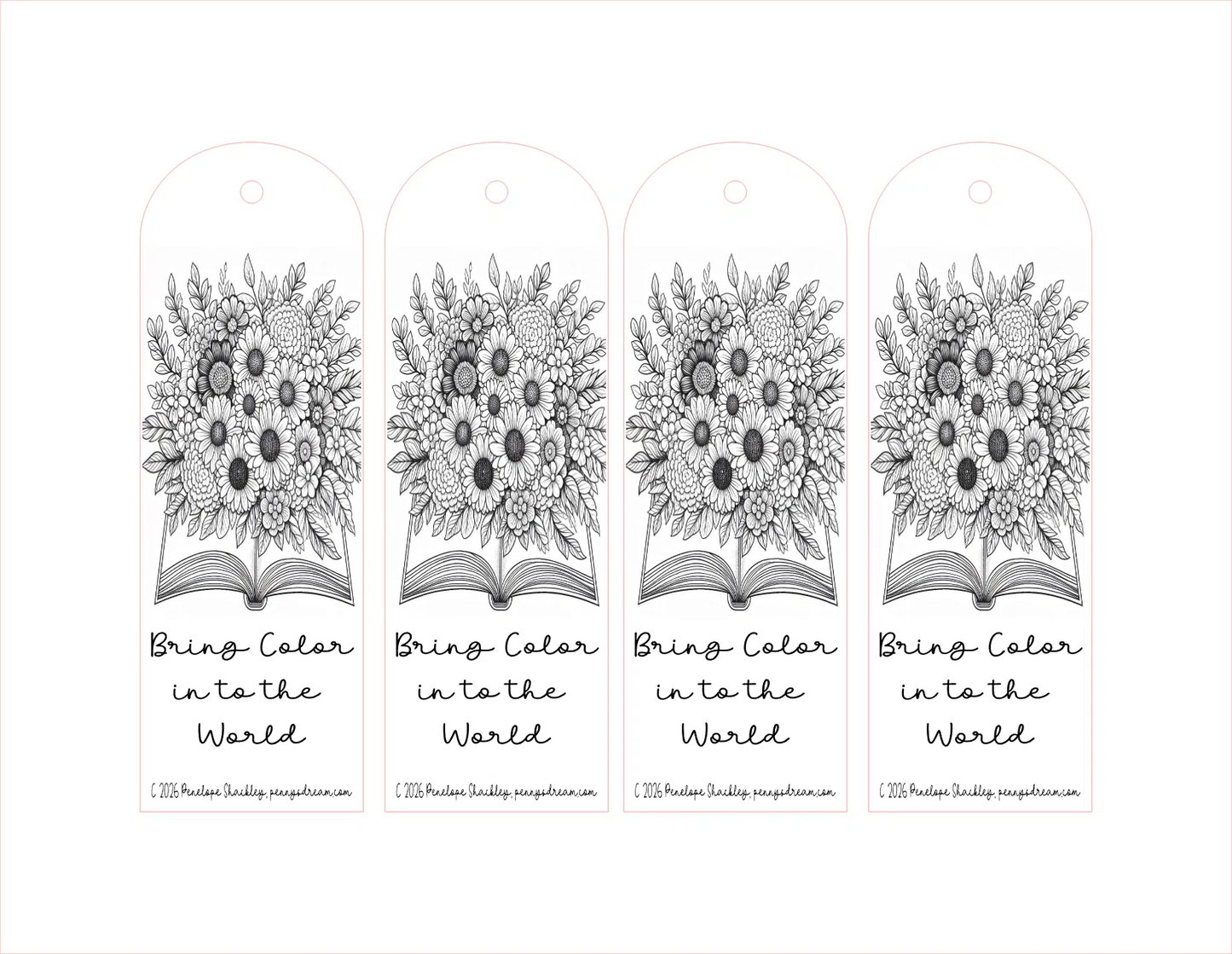 Four black and white floral bookmarks with 'Bring Color to the World' text on a white background.