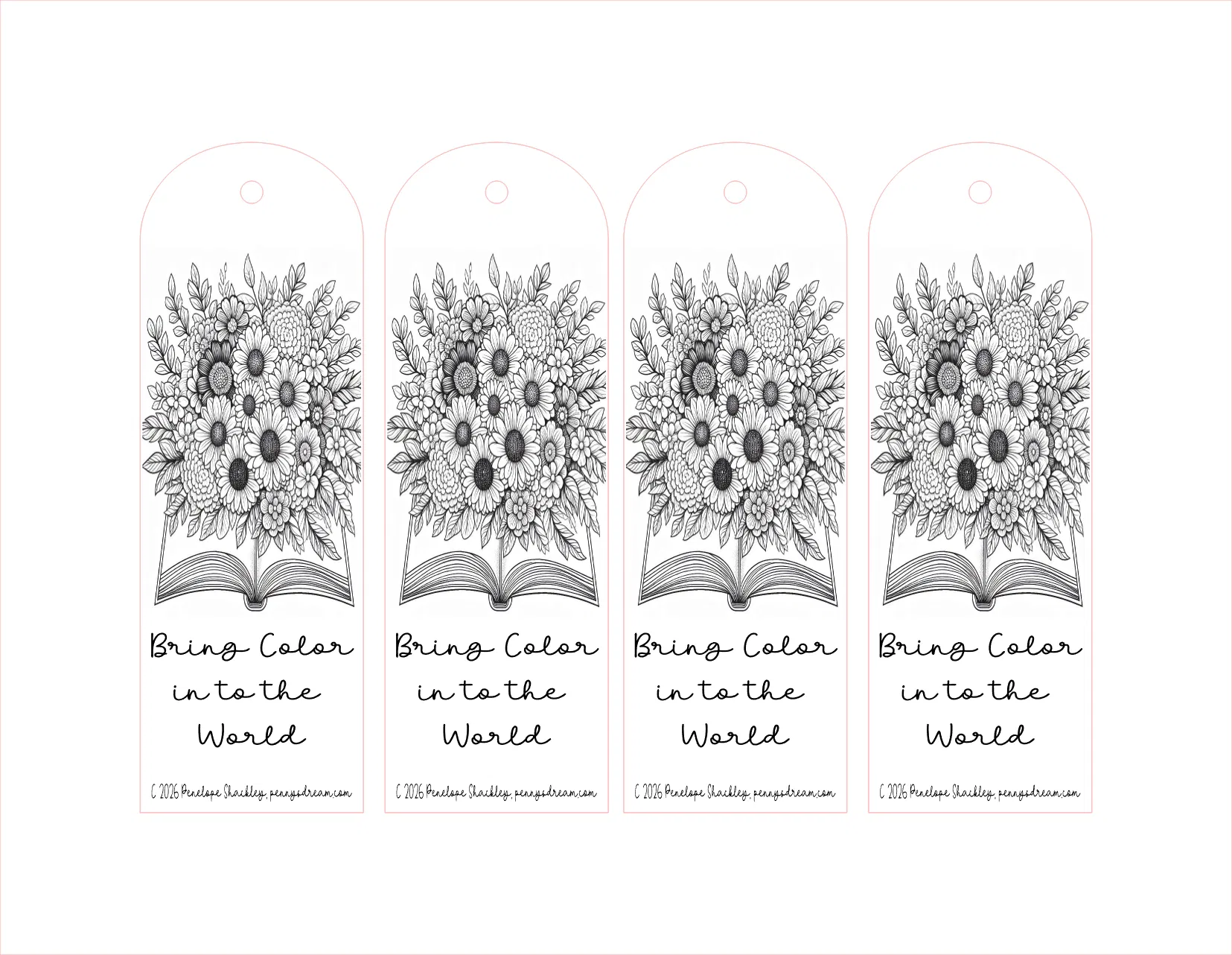 Four black and white floral bookmarks with 'Bring Color to the World' text on a white background.