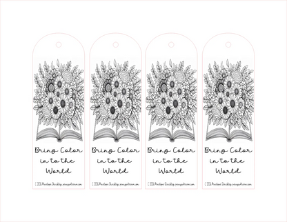 Four black and white floral bookmarks with 'Bring Color to the World' text on a white background.