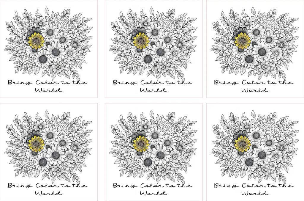 Six floral coloring book pages with black and white flowers and a yellow center, text 'Bring Color to the World' below each.