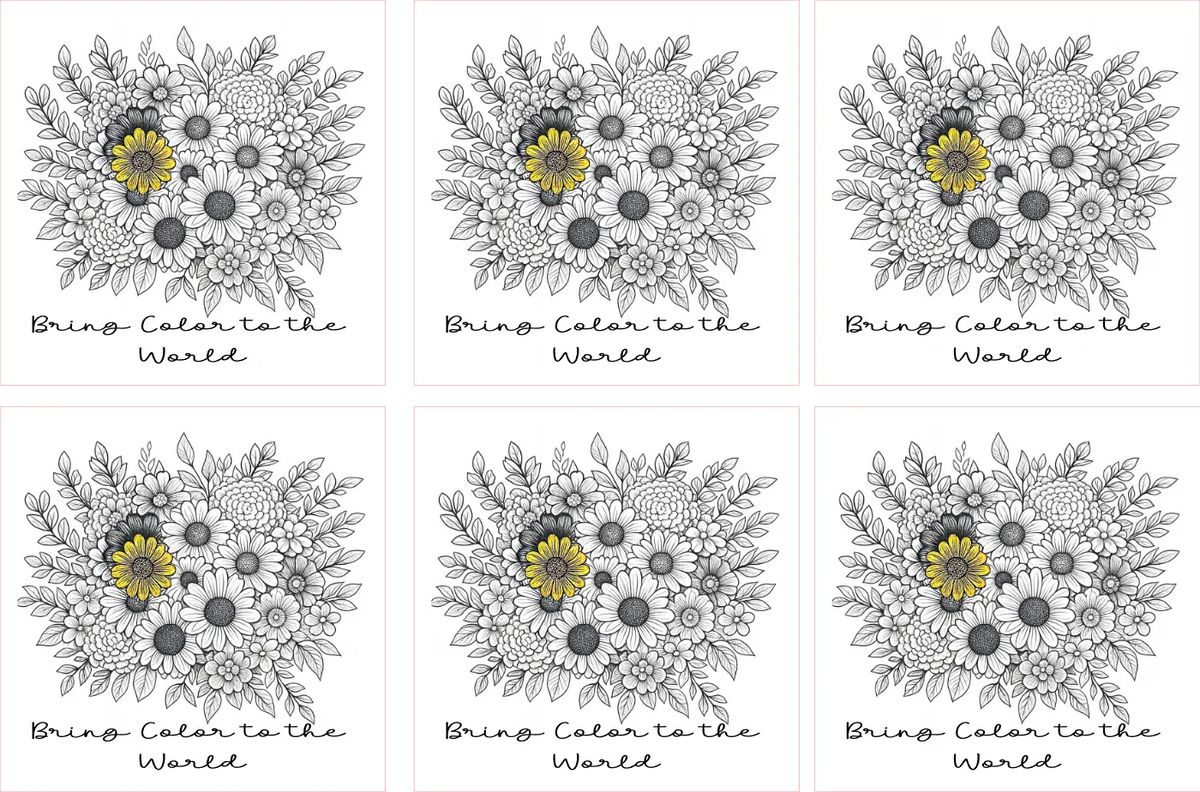 Six floral coloring book pages with black and white flowers and a yellow center, text 'Bring Color to the World' below each.