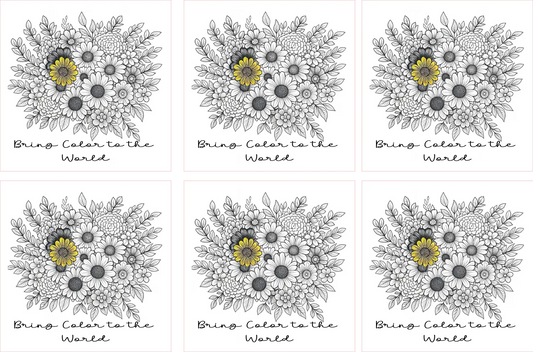 Six floral coloring book pages with black and white flowers and a yellow center, text 'Bring Color to the World' below each.