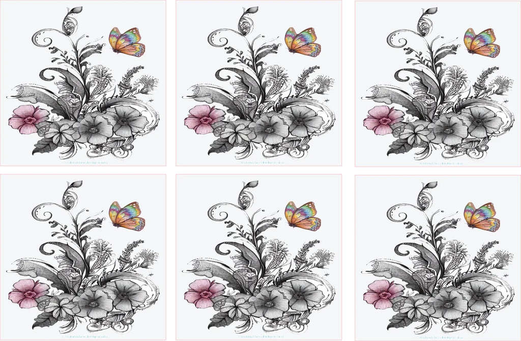 Six floral designs with butterflies on a white background