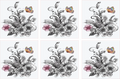 Six floral designs with butterflies on a white background