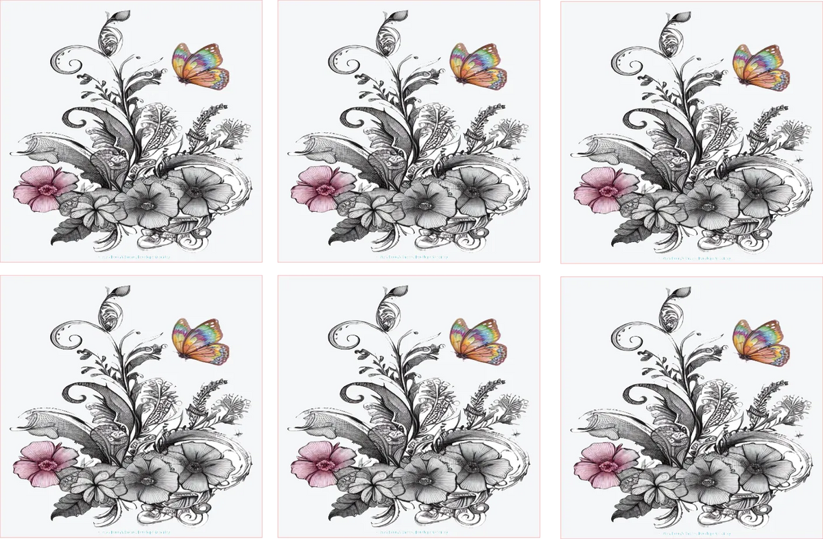 Six floral designs with butterflies on a white background