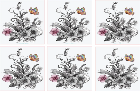 Six floral designs with butterflies on a white background