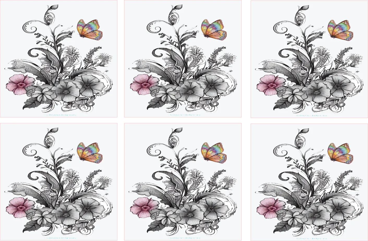 Six floral designs with butterflies on a white background