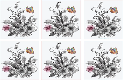Six floral designs with butterflies on a white background
