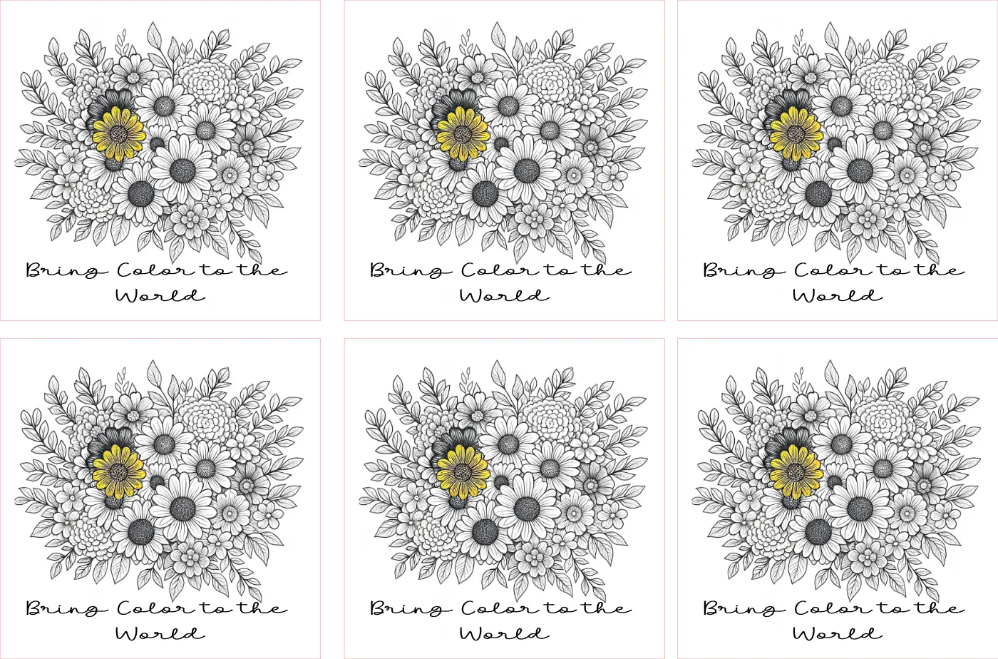 Six floral coloring book pages with black and white flowers and a yellow center, text 'Bring Color to the World' below each.