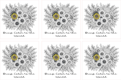 Six floral coloring book pages with black and white flowers and a yellow center, text 'Bring Color to the World' below each.
