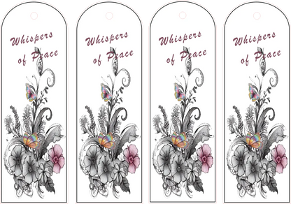 Four identical decorative bookmarks with floral designs and 'Whispers of Peace' text.
