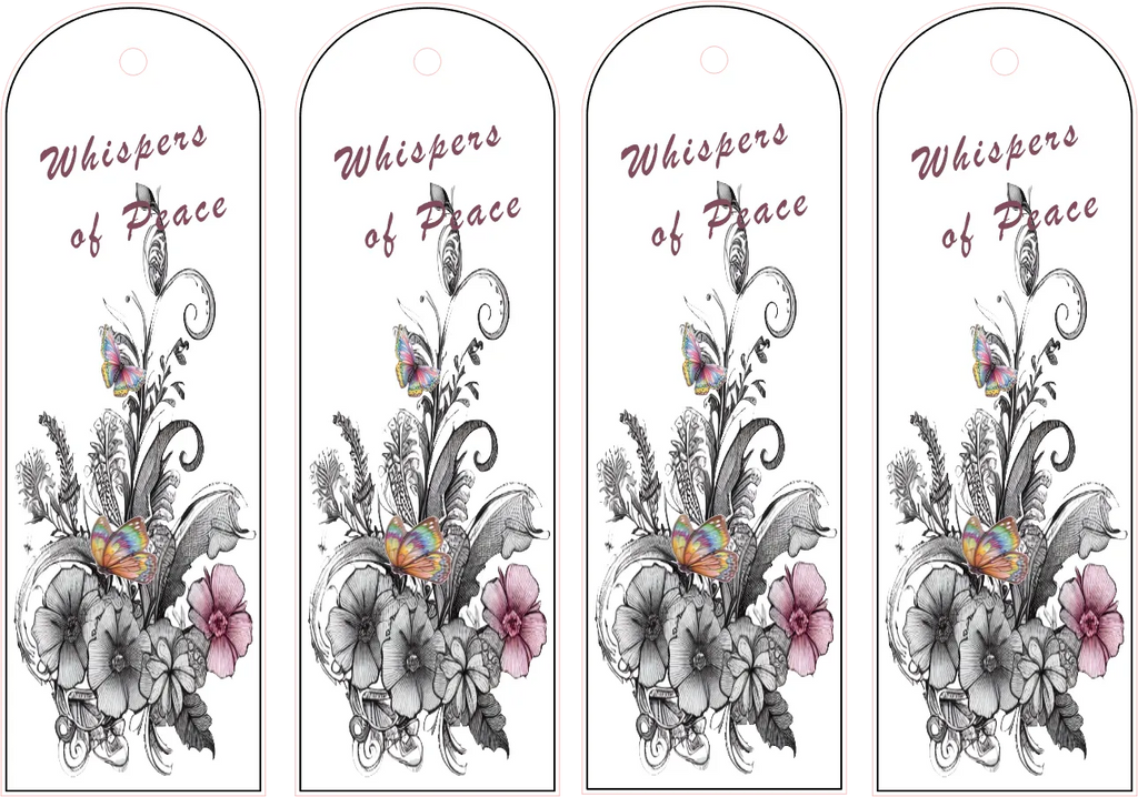 Four identical decorative bookmarks with floral designs and 'Whispers of Peace' text.