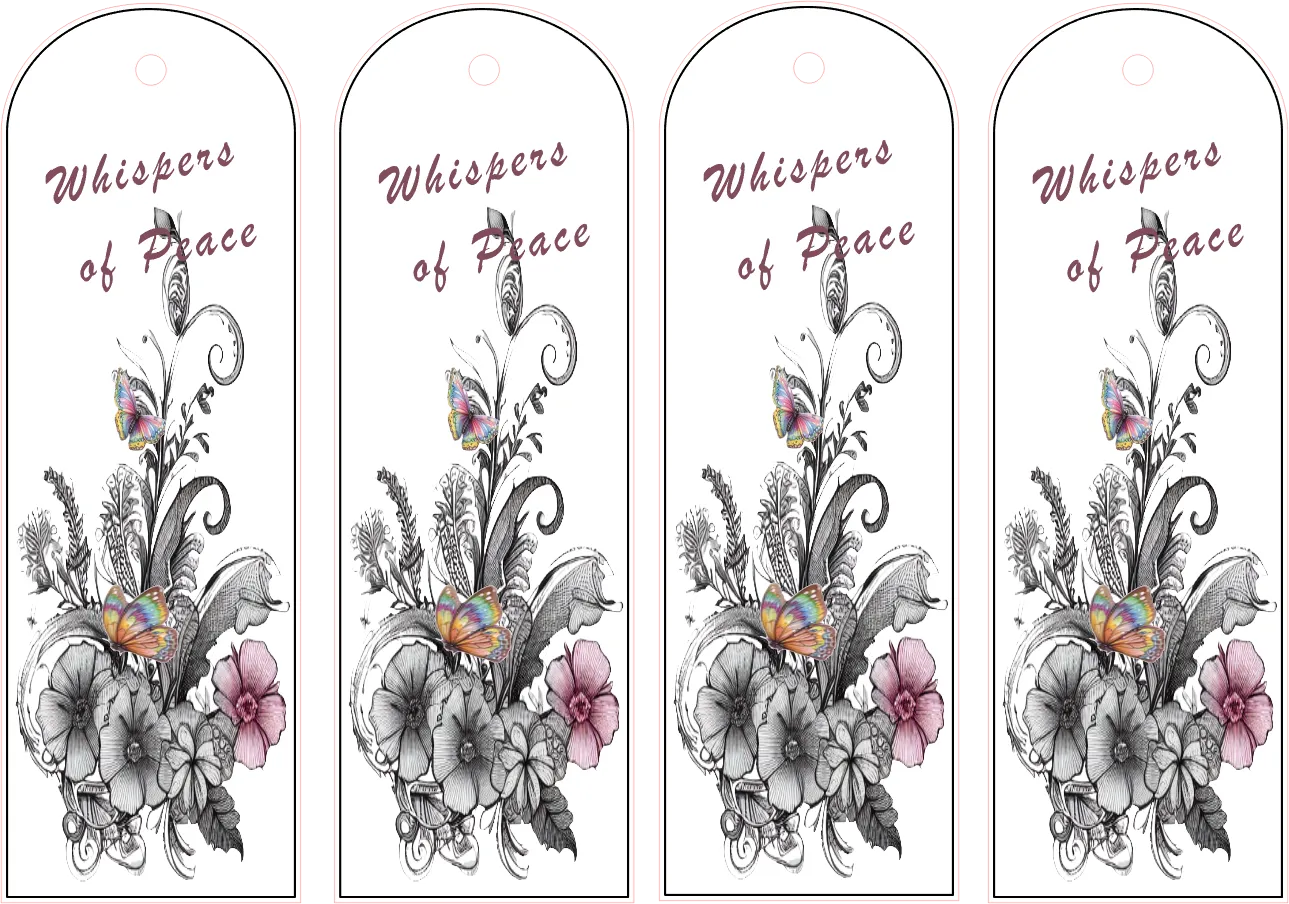 Four identical decorative bookmarks with floral designs and 'Whispers of Peace' text.