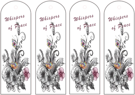 Four identical decorative bookmarks with floral designs and 'Whispers of Peace' text.