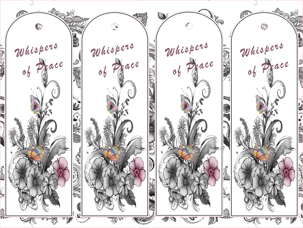 Four identical decorative bookends with floral designs and 'Whispers of Peace' text.