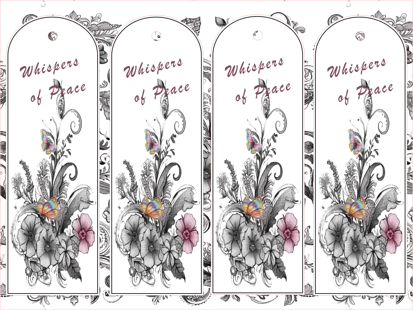 Four identical decorative bookends with floral designs and 'Whispers of Peace' text.