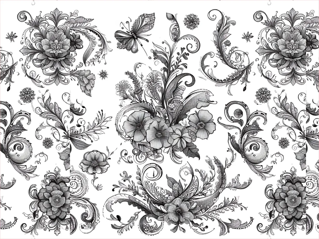 Black floral and leaf patterns on a white background