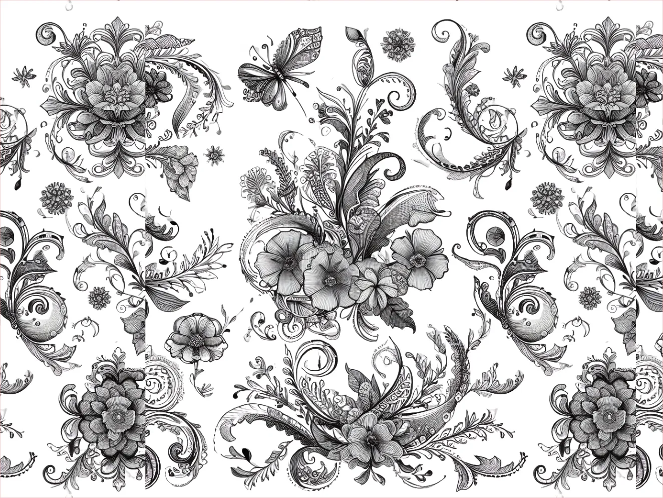 Black floral and leaf patterns on a white background