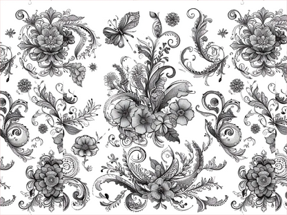 Black floral and leaf patterns on a white background