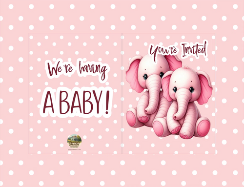 Pink baby shower invitation card design with white polka dots, featuring two cute pink cartoon elephants and the text 'We're Having A BABY!' and 'You're Invited'.