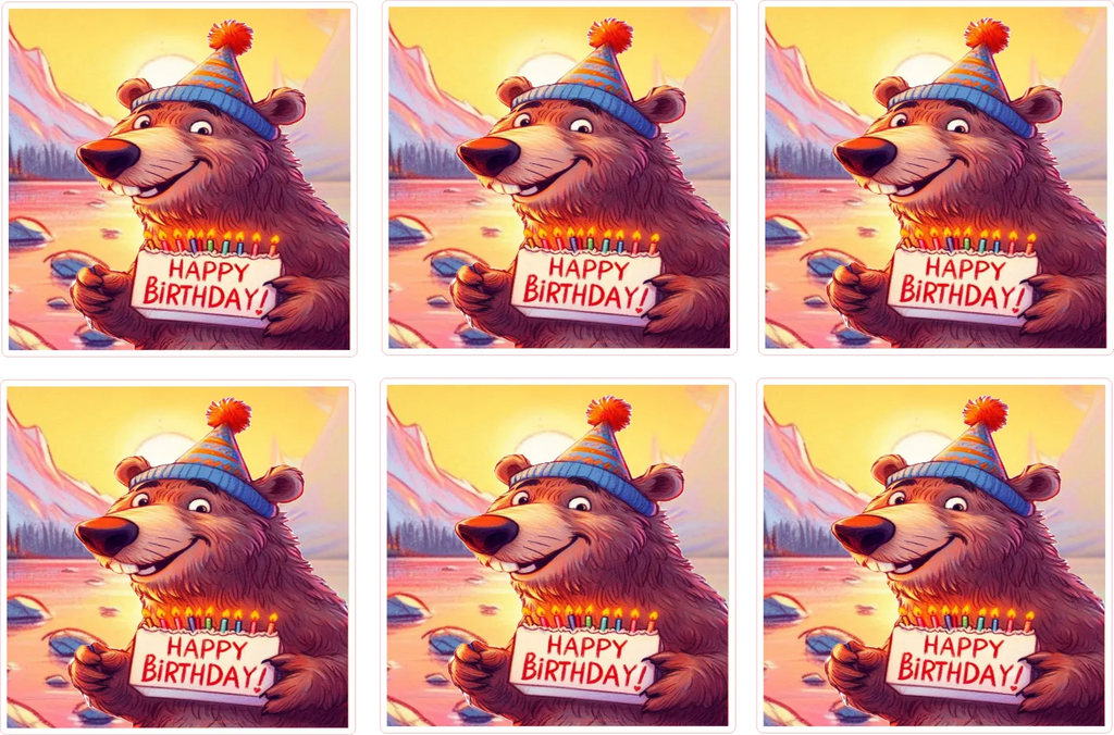 Set of six images of a bear holding a birthday card with 'Happy Birthday!' text.