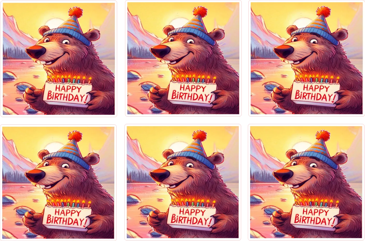 Set of six images of a bear holding a birthday card with 'Happy Birthday!' text.