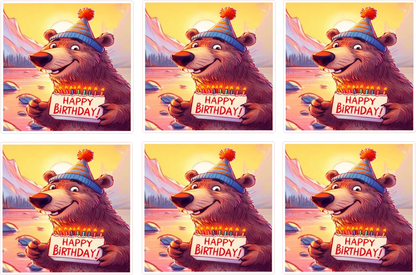 Set of six images of a bear holding a birthday card with 'Happy Birthday!' text.