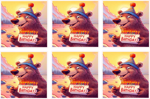 Set of six images of a bear holding a birthday card with 'Happy Birthday!' text.