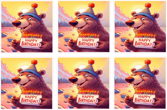 Set of six images of a bear holding a birthday card with 'Happy Birthday!' text.