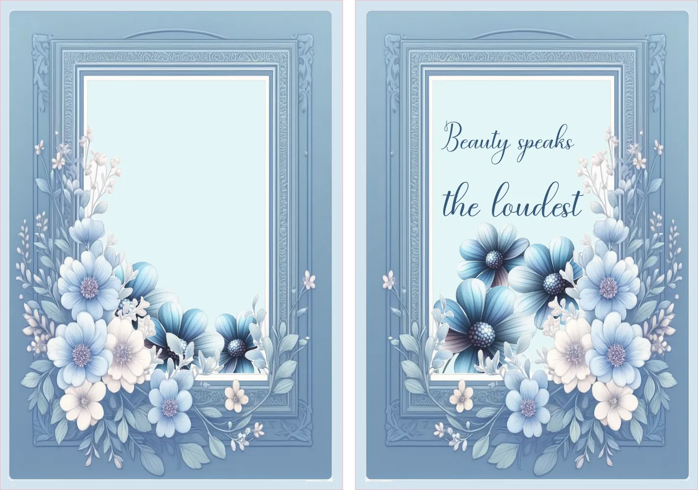 Decorative card with floral design and text 'Beauty speaks the loudest' on a blue background.