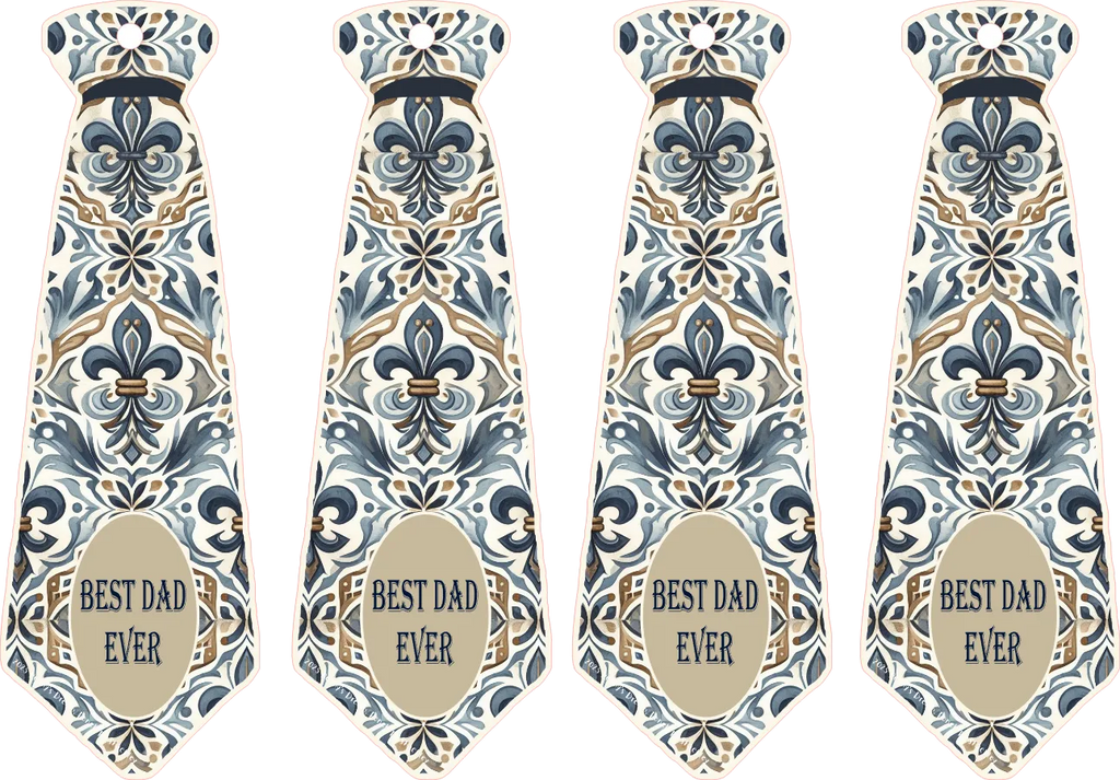 Four identical decorative ties with floral pattern and 'Best Dad Ever' text on a white background