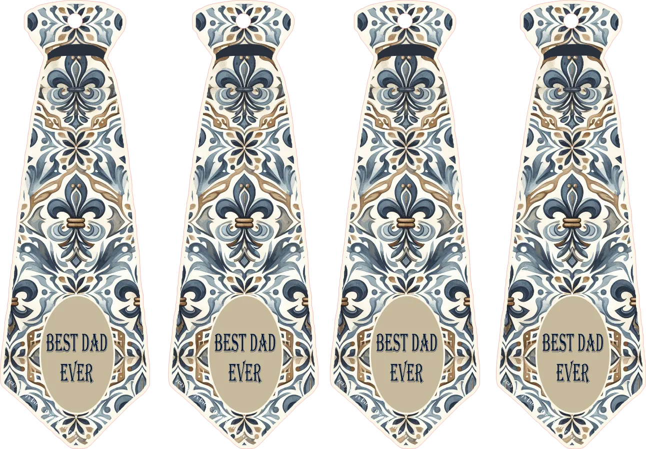 Four identical decorative ties with floral pattern and 'Best Dad Ever' text on a white background