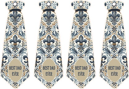 Four identical decorative ties with floral pattern and 'Best Dad Ever' text on a white background