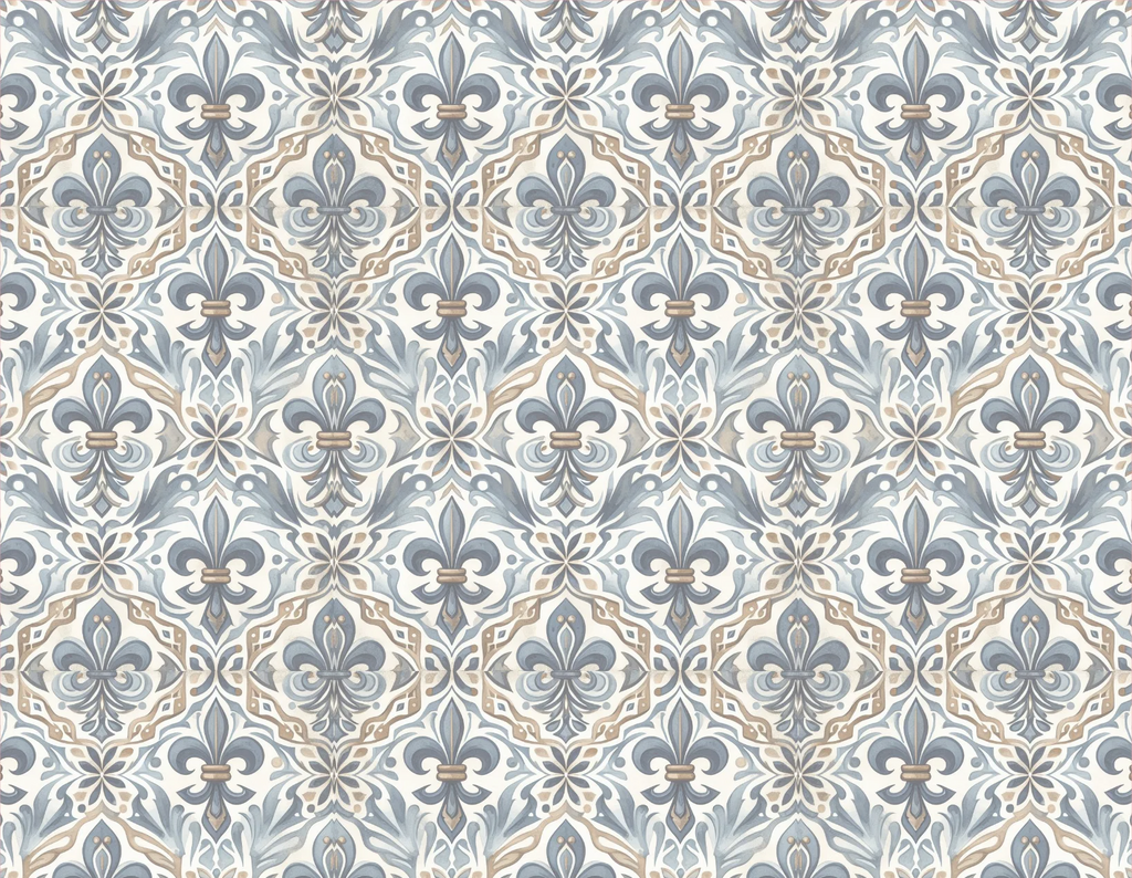 Patterned fabric with floral and geometric design in blue and beige.