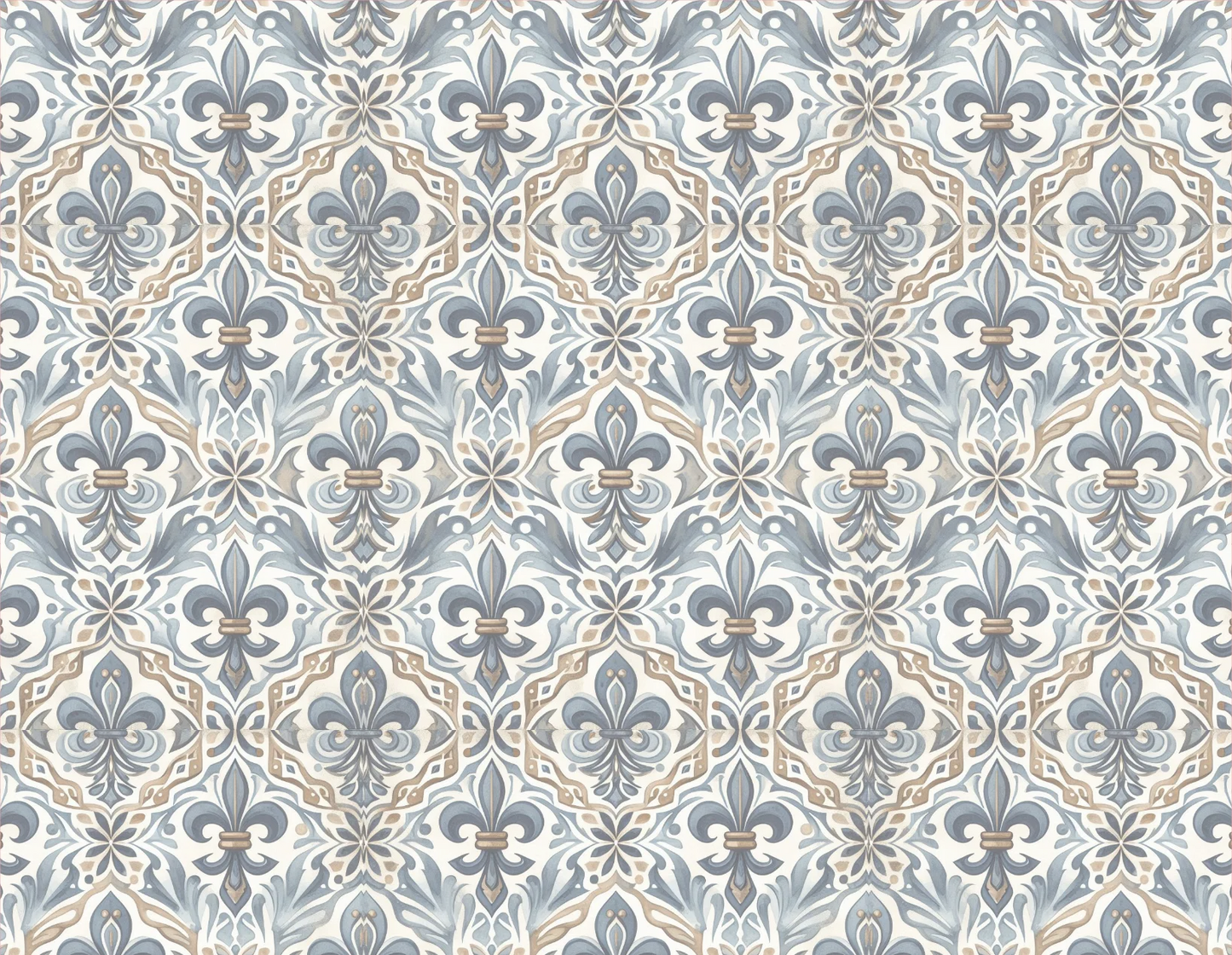 Patterned fabric with floral and geometric design in blue and beige.