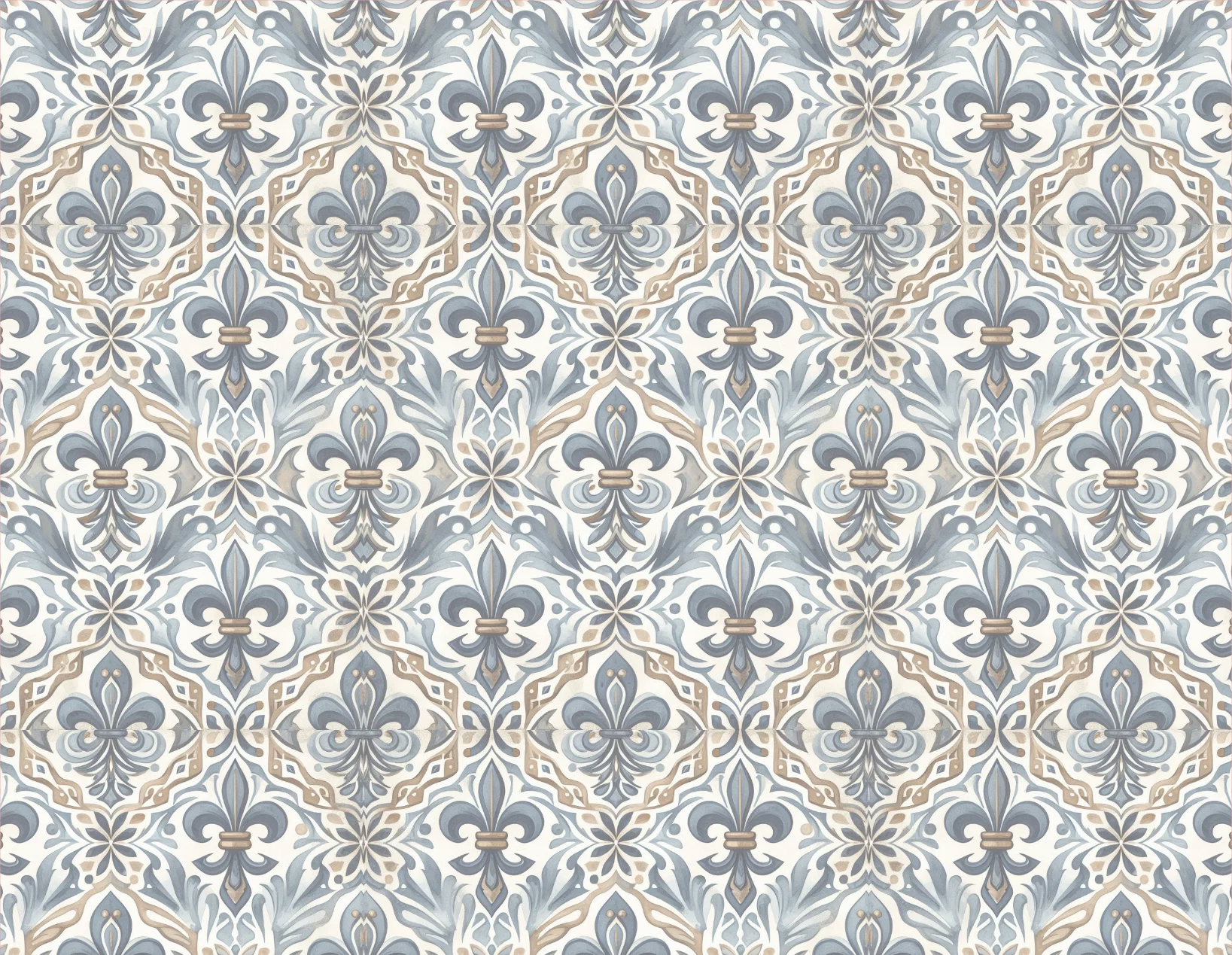 Patterned fabric with floral and geometric design in blue and beige.